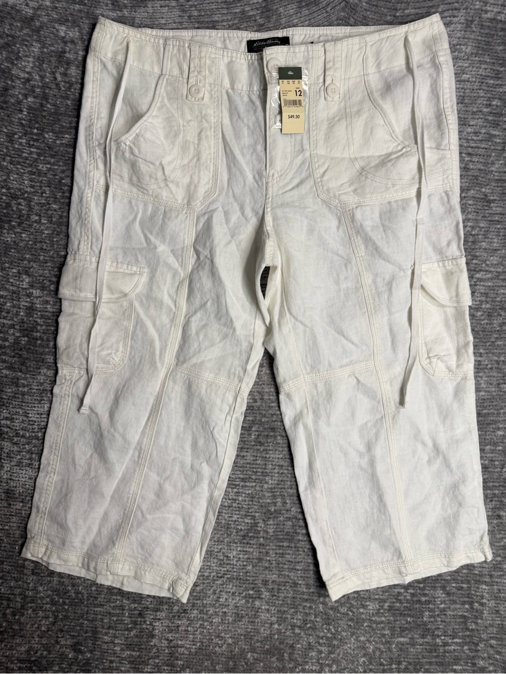 NWT Eddie Bauer 100% Linen Cargo Capris White Utility Cropped Pants Size 12